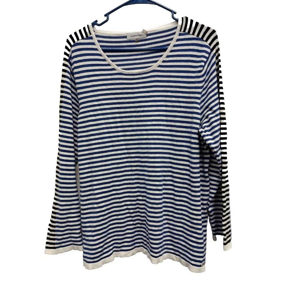 Calvin Klein Womens Sweater XL Blue‎ White Striped Long Sleeve Pullover Preppy